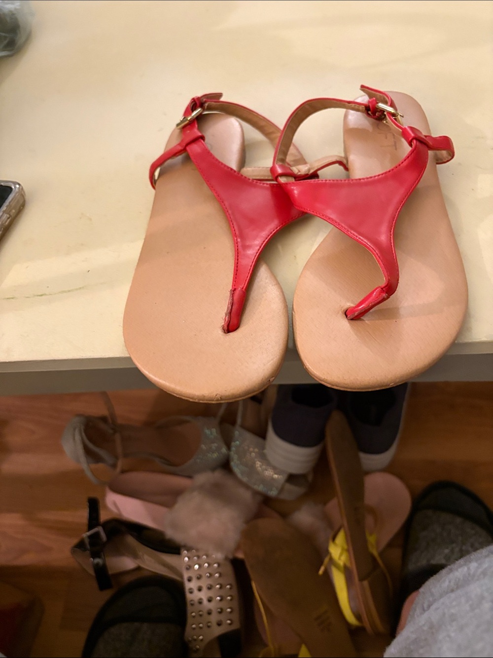 LOFT Red T-Strap Leather Sandals with Tan Footbed
